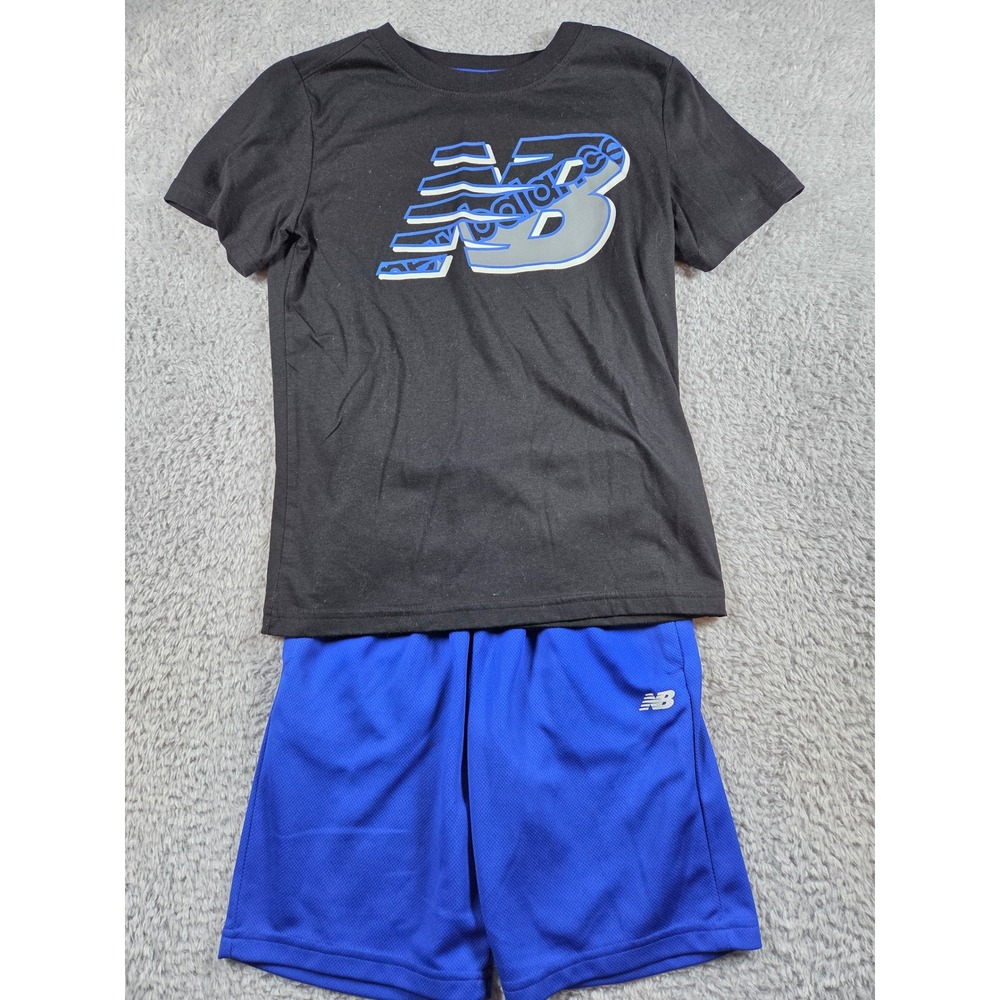 New Balance 2pc Outfit Set Size 10 Black Blue Boys T-Shirt Mesh Shorts Graphic